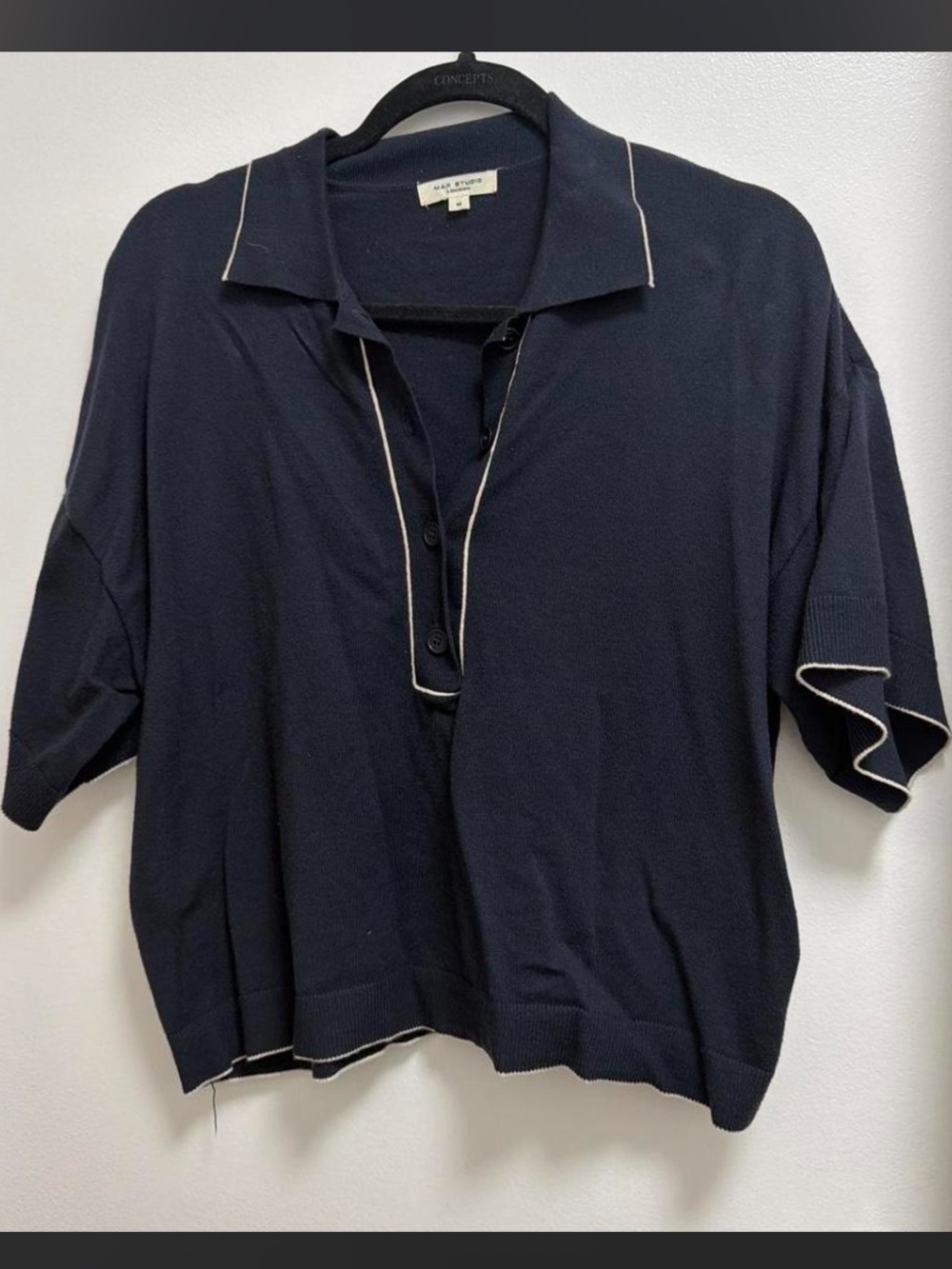Max Studio Navy Knit Top with Cream Label Detail